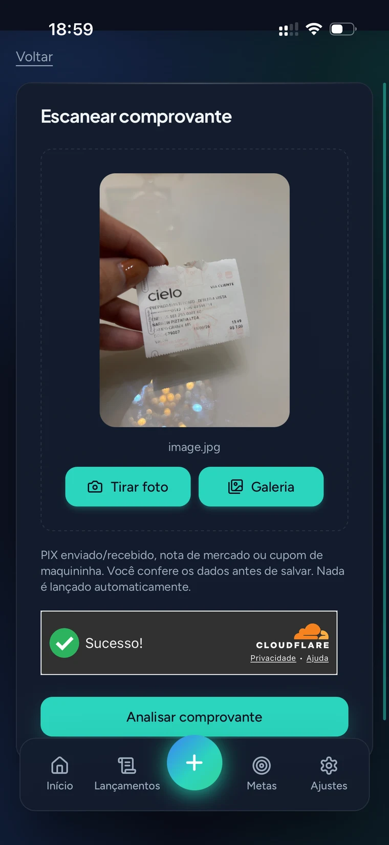 Tela do Nossa Grana pronta para analisar o comprovante