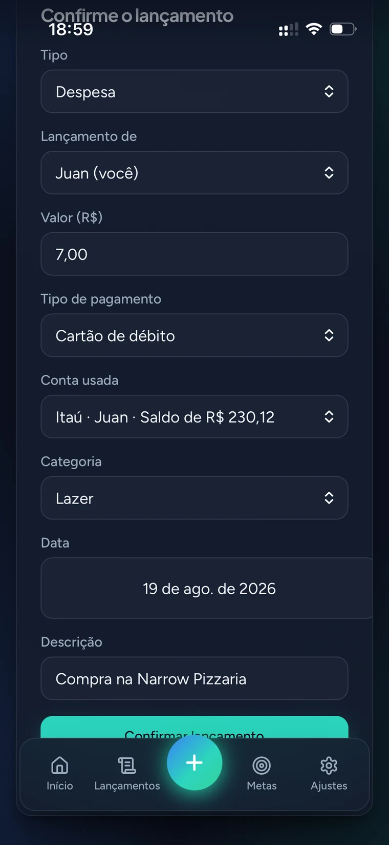 Tela do Nossa Grana para conferir e confirmar o lançamento